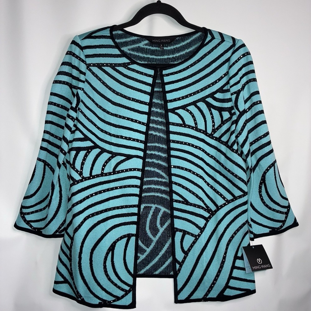 Ming Wang Black Teal Turquoise Abstract Beaded Clasp Open Cardigan Jacket Boxy